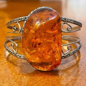 Amber and 925 Sterling Silver Cuff Bracelet
